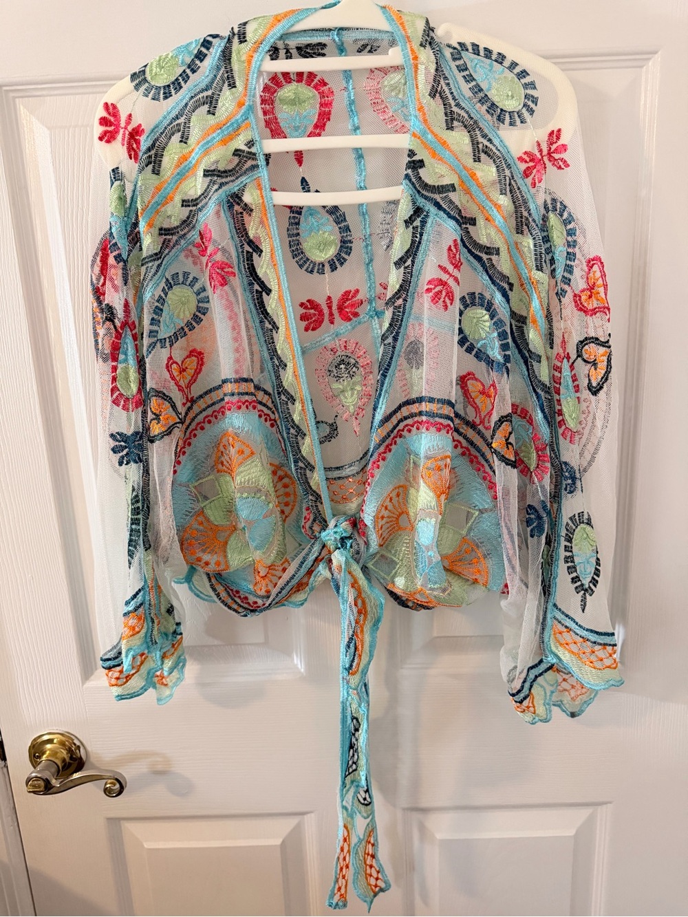Embroidered Sheer Tie-Front Crop Top - Multicolor